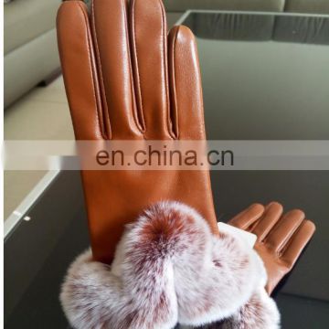 fashion women real leather gloves with rex rabbit fur