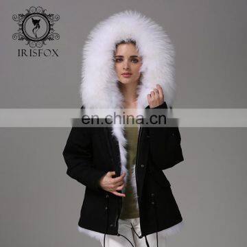 Fashion Women Black Jacket With Raccoon Collar And White Fox Fur Coat photo-2