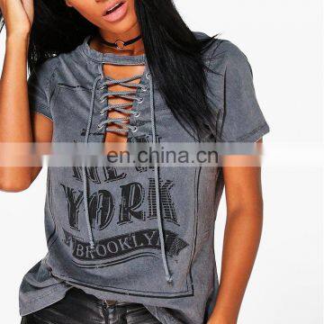 High Quality 100% Cotton Short Sleeve Washed Printed Women t Shirt photo-2