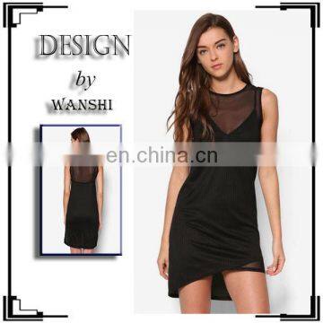 Sexy Black Layered Mesh Jersey Dress V-neckline Sleeveless Fashion Women Dresses