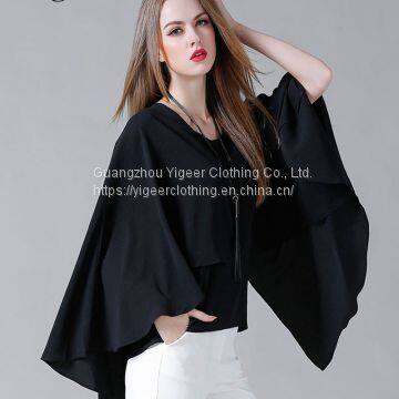 O-Neck Long Sleeve Loose Plus Size Double Layers Chiffon Top Blouse