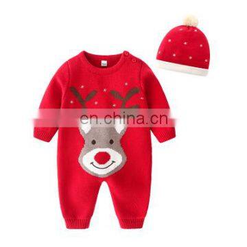 Autumn and winter 2020 new thick needle wool Jumpsuit New Year celebration red lovely Christmas deer hatsuit