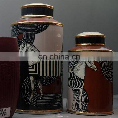 Retro Luxury Zebra Painting Brown Pottery Horse Ceramic Jar For Home Decor Accessories photo-3