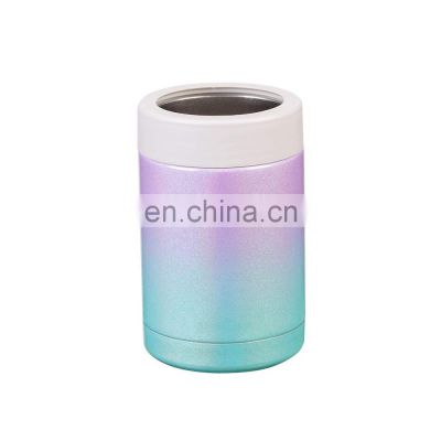 promotional double wall metal slim glitter wide mouth can cooler stainless steel twist top