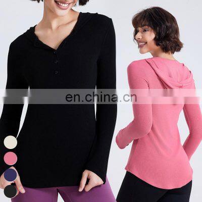 Wholesale Fall Winter T-shirt Long Open Neck Running Shirts Custom Gym Fitness Tops Long Sleeve Hooded T Shirt Women Yoga Top photo-3