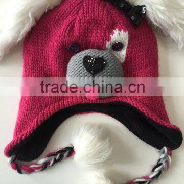 Children funny cute animal pattern earflap jacquard hats with braids and fur pom