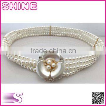 Korean Rhinestones Pearl Belt, Women Elastic Belt,Elegent Agraffe Decorate Big Flower Pearl Wide Chain Belt