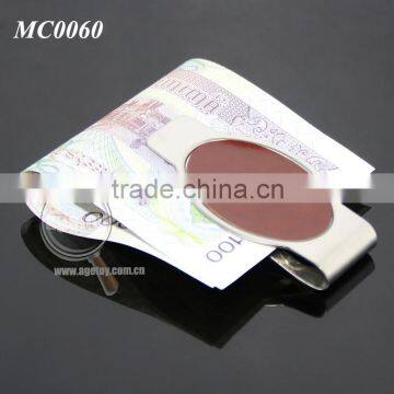 Promotional Oval Shaped Stainless Steel Metal Brown Leather Money Clip photo-4