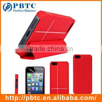 Set Screen Protector And Case For Iphone 5 , Red Hexagon Pattern PU Smart Cover