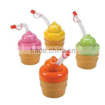 14 oz. 400ml Cool Fun Custom Shaped Party Sipper Cups Promotional Plastic Ice Cream Cone Molded Cups with Lids and Straws