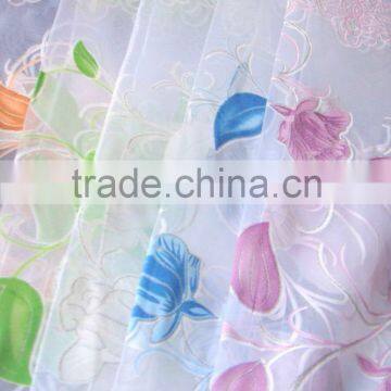 Polyester green flower printing silver plating sheer fabric