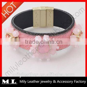 Hot 2014 Wholesale Leather rhinestone bracelet China Top 10 Fashion Jewelry Manufacture with supreme quality MLB 017