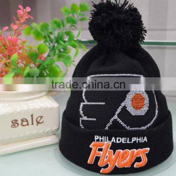 2016 wholesale custom beanie your own embroidery logo cross stitch 100% acrylic pom pom beanie hat/knitted beanie in winter hat