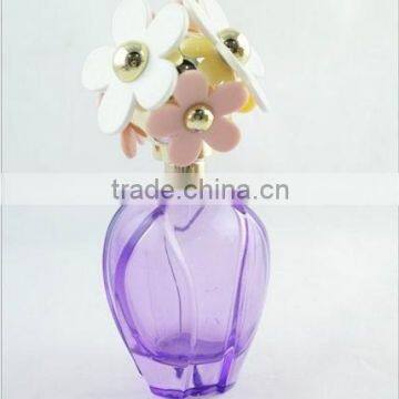 Round dimension perfume bottle with flower cap, purple apple perfume bottle, perfume stick glass bottle