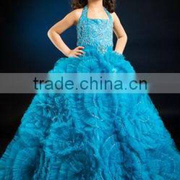 Full Organza Flower Halter Beaded A-line Prom Gown Party Dress For Little Girl PT-262