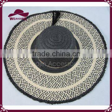 Black and White Paper Straw Floppy Hat With Tassels photo-4