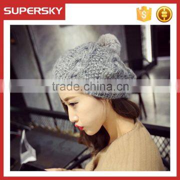 V-303 Handmade women's winter thick beanie hat with rabbit fur pom