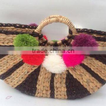 High quality best selling natural water hyancinth with pom poms shopping lady handbag