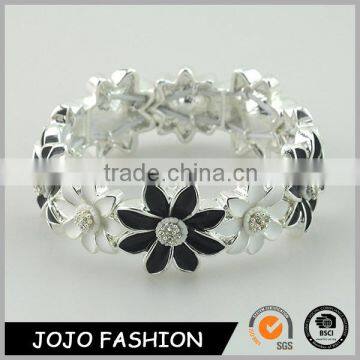 Silver Jewelry Black Enamel Flower Charm Fashion Bracelet