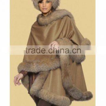 cashmere caps wrap shawl with fox fur trim camel