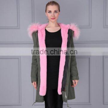 London hot sale Khaki Green fake fur lined parka with raccoon fur hood collar