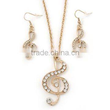 Long Diamante Treble Clef Pendant With Gold Tone Chain Drop Earrings Set