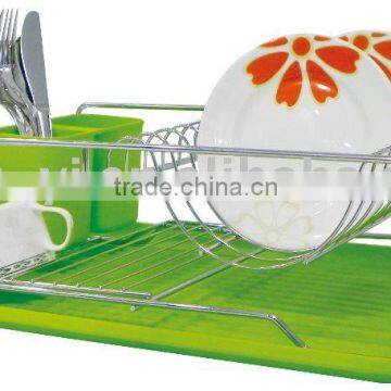 chrome plated kitchen dish rack with green plastic tray