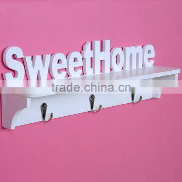 Home Furniture"Sweet Home" Design White Wood Wall Mounted Shelf With 4 Coat Hook Entryway Organizer Storager Rack Wall Shelf photo-2