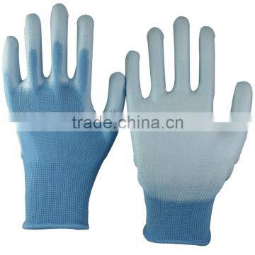 NMSAFETY 13 gauge knitted blue polyester liner coated white pu on palm gloves for light industry