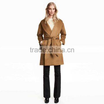 HAODUOYI Winter Women Light Tan Pockets Belt Front Trench Coat V Neck Long Line Woolen Coat photo-4