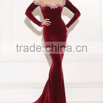 Wine Mermaid Style Long Sleeve Velvet Evening Dresses photo-2