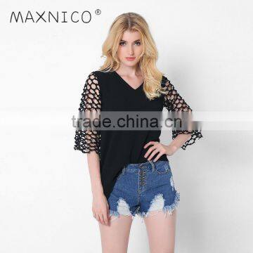 Black V neck models for summer three quarter sleeve womens plus size blouse