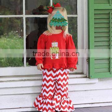 Boutique Remake Children Christmas Clothes Plain Red Top And Red Chevron Pants Set Girl Christmas Costumes