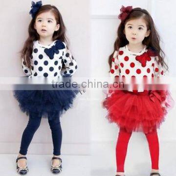 2014 New girls clohting sets spring autumn baby dot bowknot T-shirt Top+ Culottes Long Pants Kids TUTU skirt plus size 20086