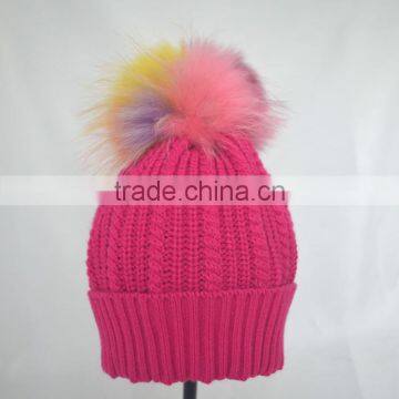Myfur Rose Color Girls Winter Wool Hat With Removable Raccoon Fur Pom Pom photo-4