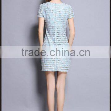 Ladies Light Blue Diamante Lace Hollowed-out Sexy V-neck Tight Dress photo-2