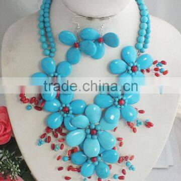 Free ship !! simple and beauty royal blue turquiose flower jewelry set with necklace and bracelet