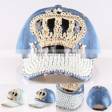 2017 New High quality Crown Point drill pearl cowboy denim women baseball cap men Hat rhinestone