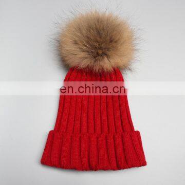 Stock purity color crochet raccoon/fox fur pompom fashion winter beanies