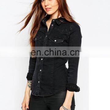 Denim Fitted Western Shirt in Washed Black