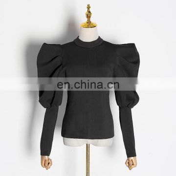 TWOTWINSTYLE O Neck Puff Sleeve Zipper Ruched White Women's Sweatshirts