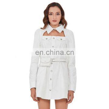 TWOTWINSTYLE Women Summer Dress Lapel Long Sleeve High Waist With Bag Lace Up Hollow Out Designer Mini photo-2