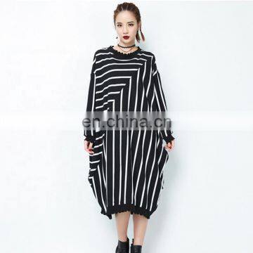 TWOTWINSTYLE Striped Hit Color Dress Women O Neck Long Sleeve Oversize Loose Midi