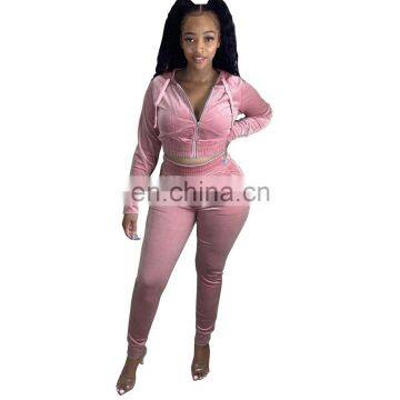 Women Fashion Front Zipper Autumn Winter Long Sleeve Crop Top Outfits Jacket Tracksuits Velvet Two Piece Sets photo-5