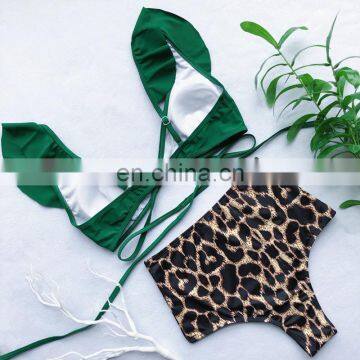 Sexy V Neck Push Up Bikinis Women Leopard High Waist Swimwear Bandage Swimsuit Ruffled Bikini Beach Wear Padded Bathing Suits