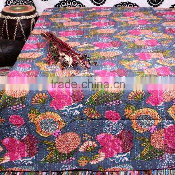 Indian Kantha Quilt Queen King Hand stitched Quilts Designer Vintage Handamde Ethnic Flower Prints Quilts