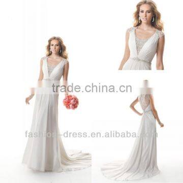 New Hot Sale Cheap See Through Back Embroidery Chiffon Wedding Dress Beaded 2014