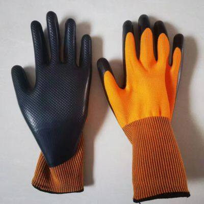 orange polyester 13 gauge knitted physical pressed black latex palm coated work gloves