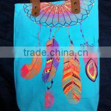 Hmong Indian tote neon sky blue canvas bag feather pattern