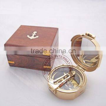 BRASS BRUNTON COMPASS 3" WITH WOODEN BOX ~ NAUTICAL BRASS COMPASS WITH BOX